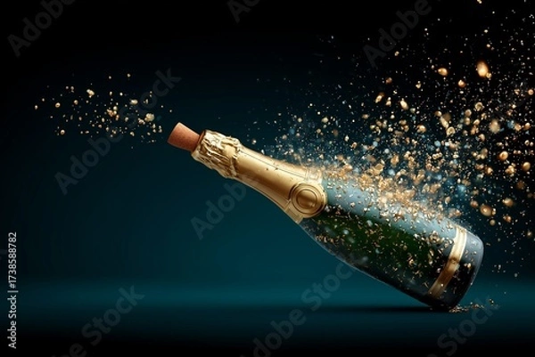 Fototapeta Champagne bottle opening with sparkling splash.