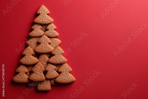 Fototapeta Christmas cookies arranged in shape of tree on red background.