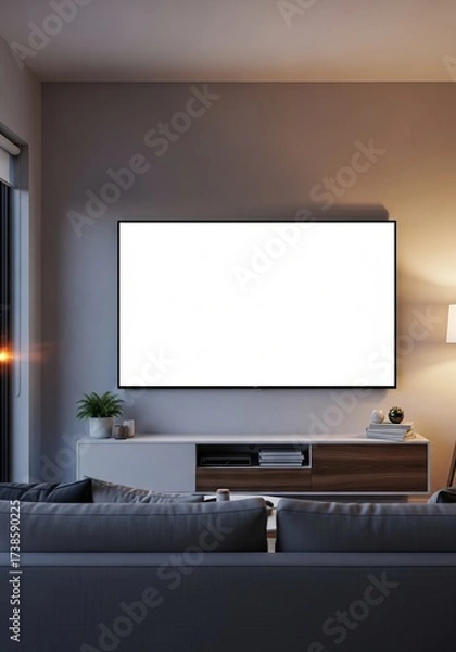 Fototapeta Modern living room evening interior with a large blank white screen TV mockup on the wall, perfect for showcasing content, streaming, or smart home interfaces in a cozy, contemporary setting