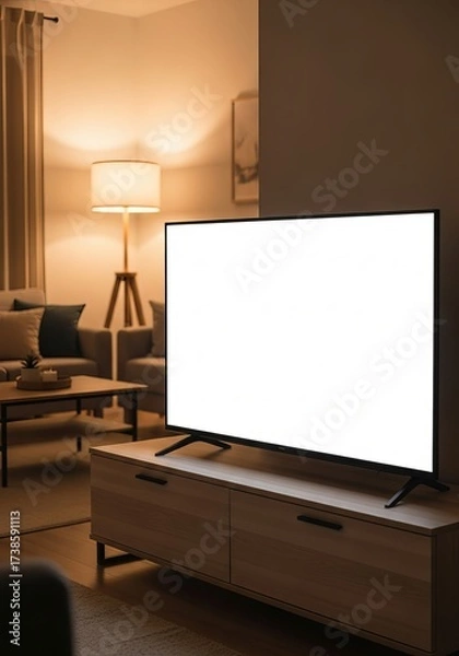 Fototapeta Modern living room featuring a large blank white screen television mockup on a stylish wooden cabinet, perfect for displaying content or advertisements in a cozy home setting