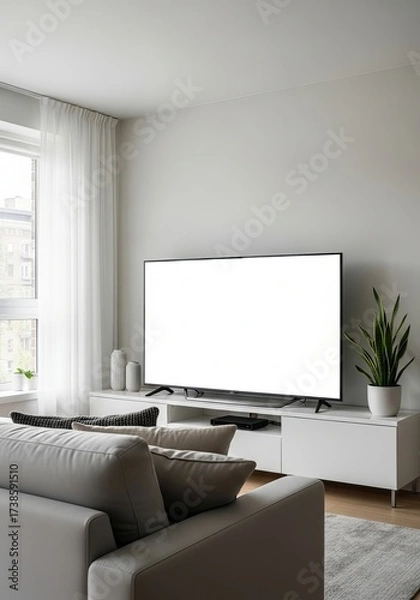 Fototapeta Front view of a sleek, modern television with an empty white screen in a cozy living room setting, offering a perfect template for advertising or app design mockups