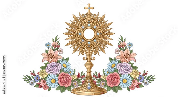 Obraz Religious Monstrance Adorned with Floral Beauty: An exquisite golden monstrance, radiating spiritual brilliance, is delicately framed by a vibrant array of blooming flowers.