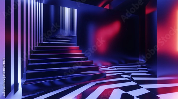 Fototapeta Futuristic and surreal staircase interior merging Op Art and neon lighting, featuring black and white geometric stripes illuminated by vibrant blue and red lights, creating a hypnotic and abstract spa