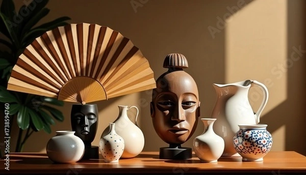 Fototapeta Unique collection of decorative vases and sculptures displayed on wooden table in bright, sunlit room featuring natural shadows and textures