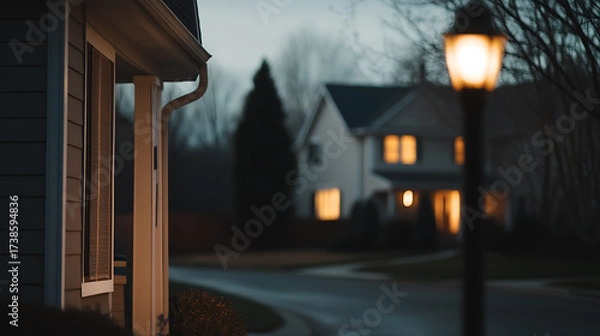 Fototapeta Night street scene with a lit street lamp, houses with glowing windows, and dark trees. Serene residential atmosphere.