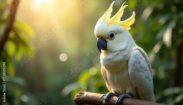 Fototapeta Cockatoo perched on a branch amidst lush foliage with sunlight filtering through trees in a serene environment