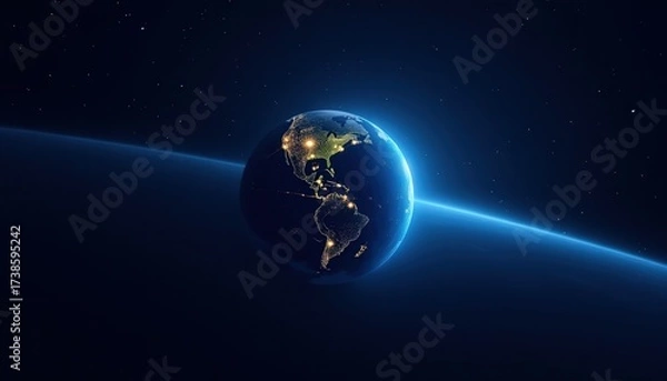 Fototapeta View of Earth illuminated by sunlight from space showcasing continents and oceans against a starry background