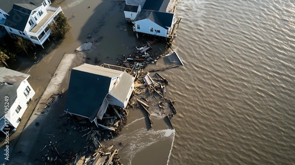 Fototapeta Coastal flooding impacts homes and infrastructure after storm surge. Houses partially submerged, debris scattered. Severe damage and displacement shown.