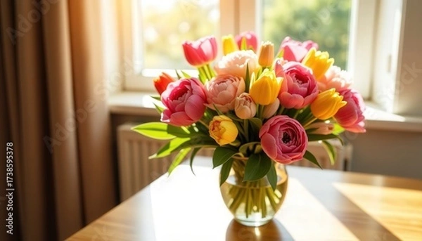 Fototapeta Colorful bouquet of tulips and roses arranged in a glass vase on a wooden table in a sunlit room with plants
