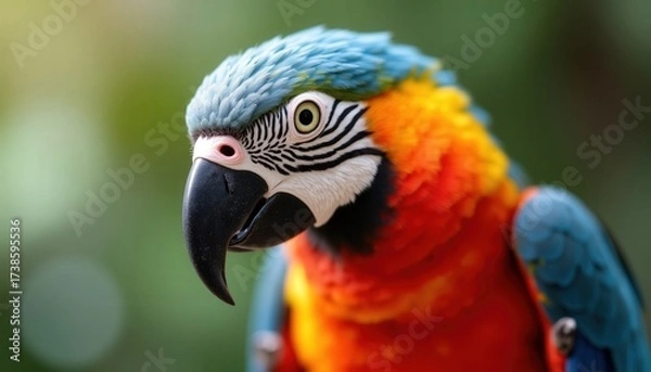 Fototapeta Colorful parrot perched on a branch in a lush jungle during golden hour lighting