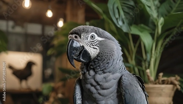 Fototapeta Grey parrot displaying vibrant feathers and unique features in a cozy indoor environment during daylight hours