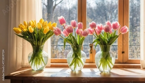 Fototapeta Beautiful tulip arrangements in clear vases by a sunlit window showcasing vibrant yellow and pink flowers in a serene indoor setting