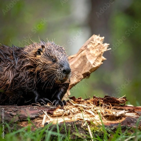 Obraz Wet beaver on log