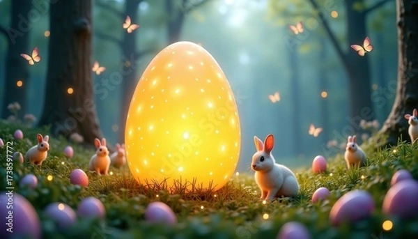 Fototapeta Magical Easter scene with glowing egg and playful bunnies in an enchanting forest during springtime