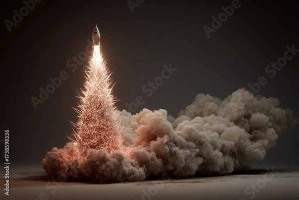 Fototapeta Rocket launching with smoke in shape of Christmas tree.