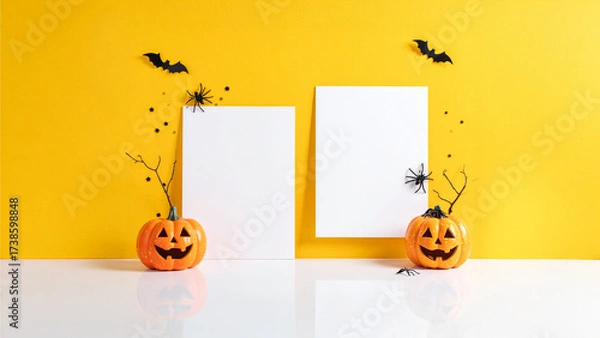 Fototapeta A Hint of Haunt and a Pop of Fun: A Minimalist Halloween Banner on a Spooky Yet Playful Yellow Backdrop