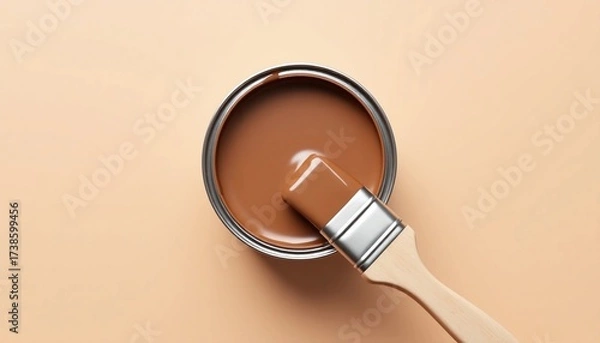 Fototapeta Smooth brown paint rests in a can with a brush resting inside on a neutral background