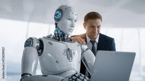 Fototapeta Humanoid robot happily working on laptop while young man expresses gratitude with hand on its shoulder at futuristic desk.