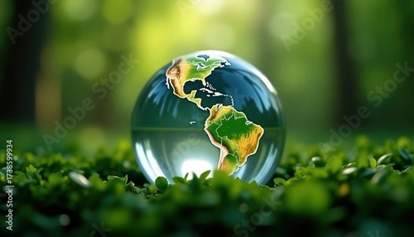 Fototapeta Glowing globe on lush greenery symbolizes environmental awareness and the importance of protecting our planet