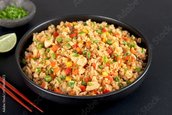 Fototapeta Fried rice with chicken, vegetables and green onions in a black bowl on black background. Asian food. 