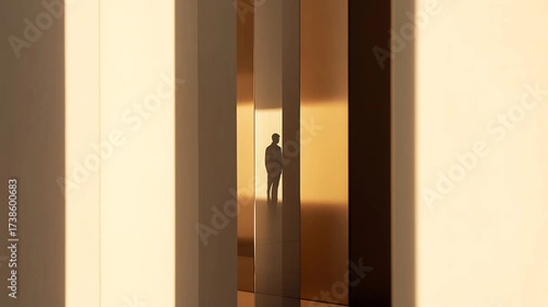 Fototapeta Figure in corridor: A solitary figure stands silhouetted between columns of light, creating a sense of mystery and contemplation.