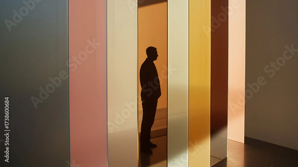 Fototapeta Silhouette between colorful panels. Dark figure between strips of color. Mystery, art, design, color, modern, creative, contrast, shadow.