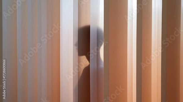 Fototapeta Obscured Profile: Shadowy figure silhouetted behind textured partitions creates a sense of intrigue and hidden identity in a muted color palette.