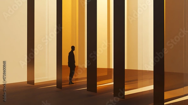 Fototapeta Silhouette in golden light: A solitary figure stands amidst vertical elements, bathed in warm, abstract light and shadow. A moment of contemplation.