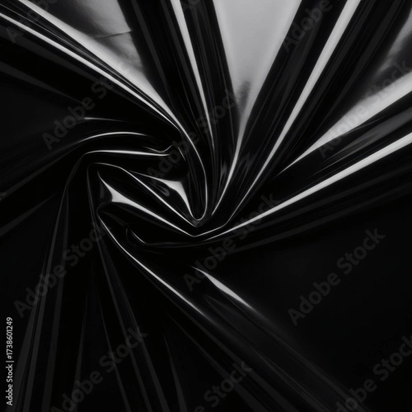 Fototapeta Glossy black latex fabric background, reflective surface and subtle folds. The material catches light dramatically, deep shadows. Ideal for fashion, fetish, futuristic, or industrial-themed 