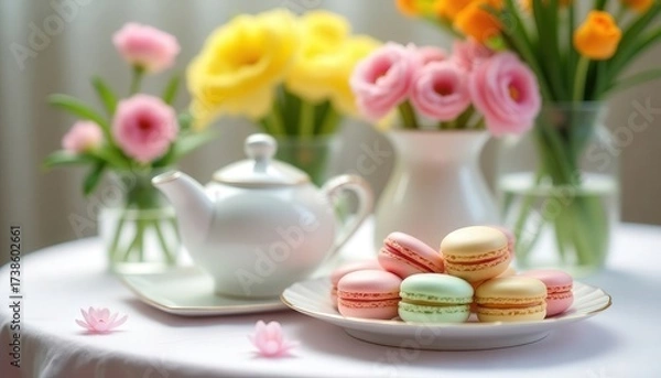 Fototapeta Elegant afternoon tea with flowers, tea, and colorful macarons beside a bright window in a cozy setting