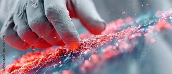 Fototapeta Close-up of a gloved hand touching a glowing holographic surface with interactive digital particles in a futuristic interface concept