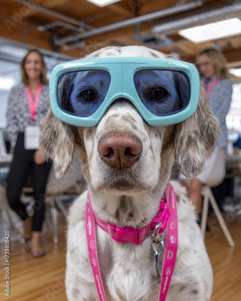 Fototapeta Funny office dog wearing oversized VR goggles in modern coworking space with team in background