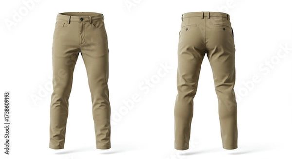 Fototapeta Front and back view of khaki-colored men's pants isolated on white background.