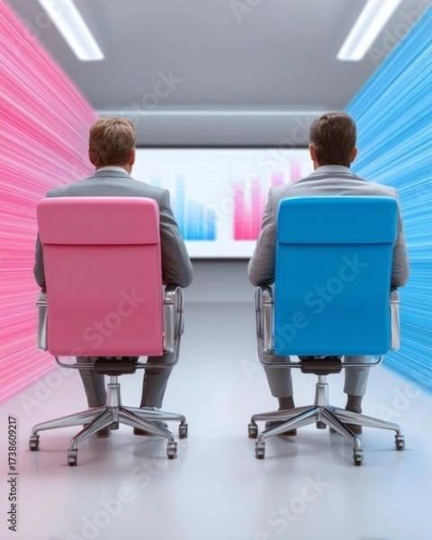 Fototapeta Two men in suits sitting at desks facing each other, engaged in conversation with a colorful digital background featuring graphs and charts, suggesting a business or analytics setting