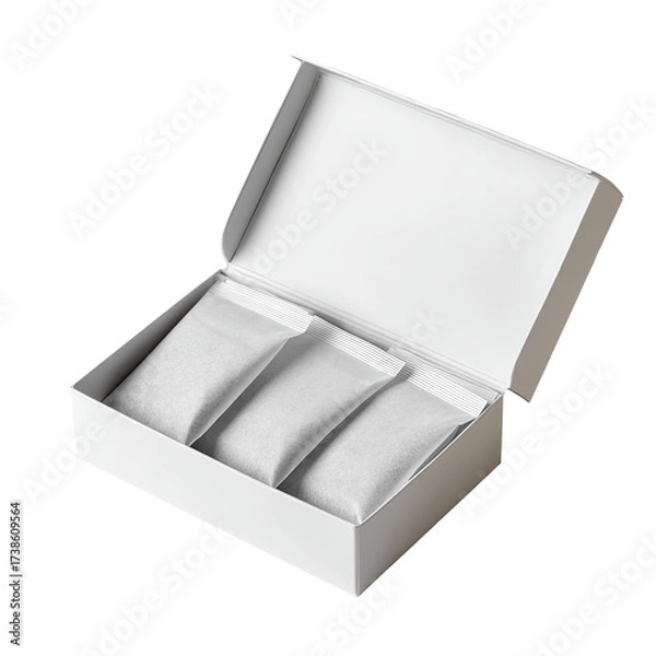 Fototapeta Open white box with three inner pouches