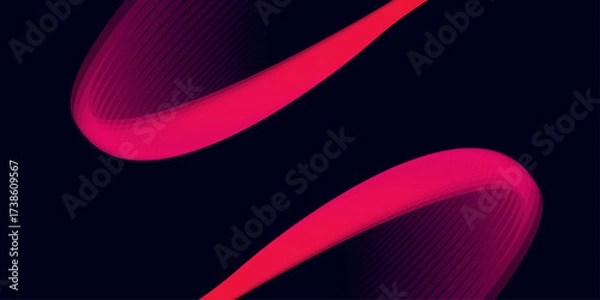 Fototapeta Digital illustration of a vibrant red and pink wave pattern with dynamic lines, an energetic curve design, and a black backdrop to create an abstract art template