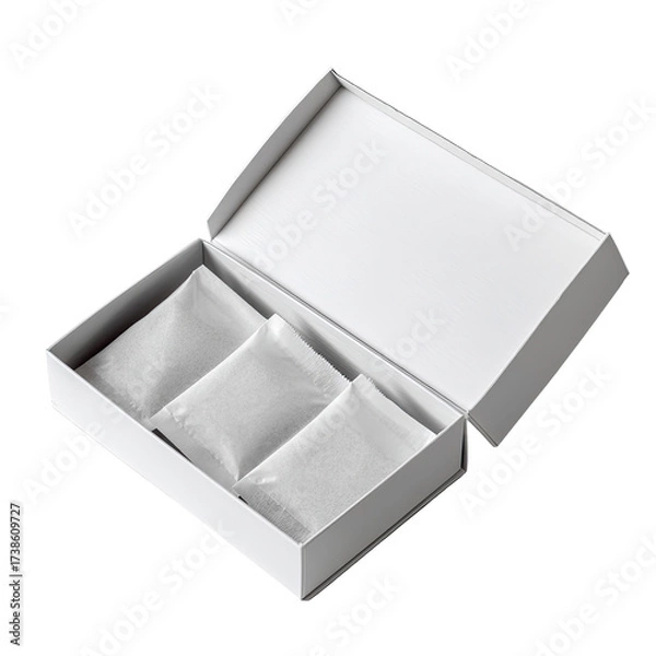 Fototapeta White box with three small pouches inside (1)