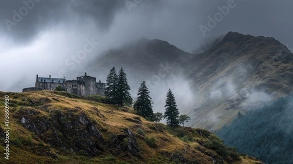 Fototapeta Ancient stone fortress on a rugged shrouded in mysterious fog and low-hanging clouds during an atmospheric autumn day