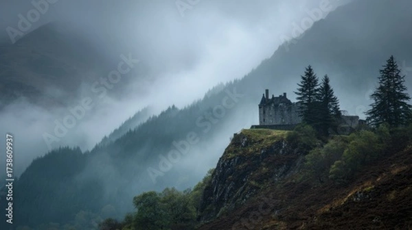 Fototapeta Ancient stone castle on mountain cliff enveloped by thick fog and dark evergreen trees