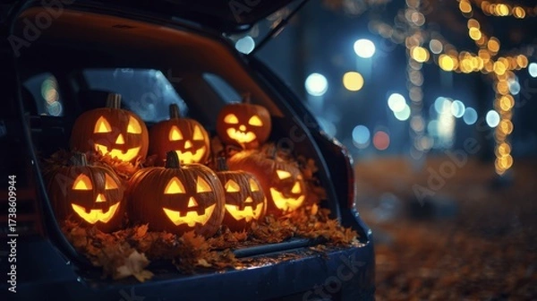 Fototapeta Jack-o'-lanterns glowing in car trunk surrounded by autumn leaves at night with bokeh lights