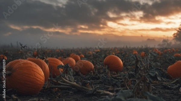 Fototapeta Vast Autumn Pumpkin Field under a Moody Cloudy Sky at Sunset for Harvest Season