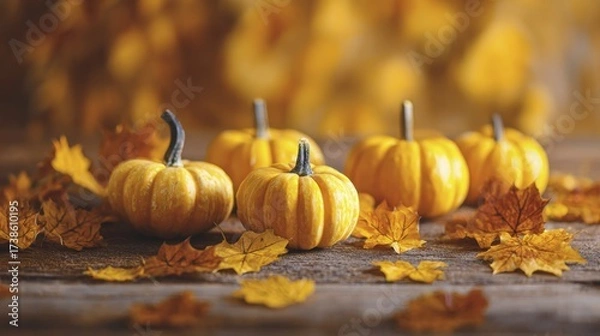 Fototapeta Small yellow pumpkins and colorful fall leaves arranged on rustic wooden table for autumn season