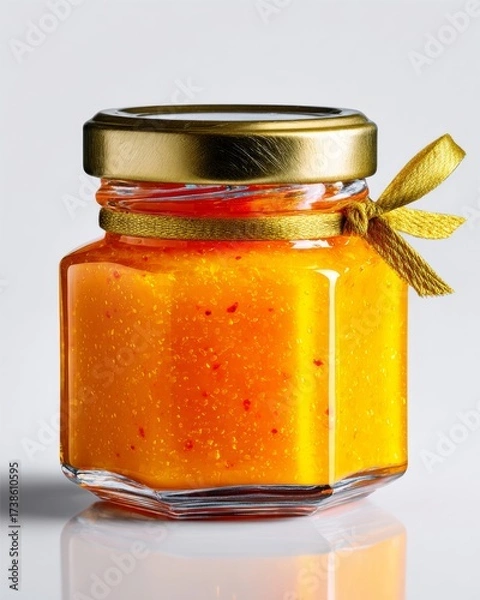 Fototapeta A jar of honey with a golden lid and a red ribbon tied around it. The composition is close-up/flat lay, showcasing the texture and color of the honey.