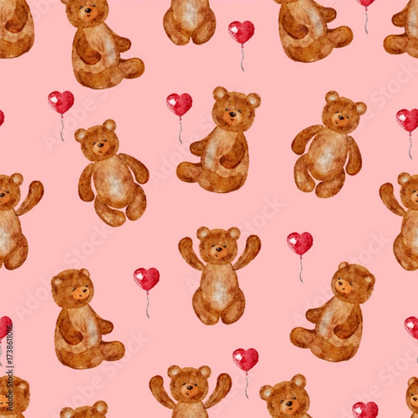 Obraz Teddy bears and hearts seamless pattern, pink background.