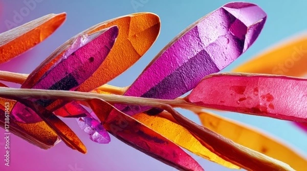 Fototapeta A close-up view of a feather with multiple layers of iridescent, colorful glass or crystal beads attached to its surface.