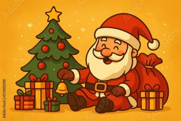 Fototapeta Cartoon Santa Claus sitting with Christmas tree, gifts and bell on golden festive background, joyful holiday illustration with copy space. Illustration by Generative AI