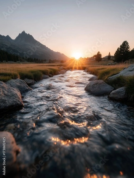 Fototapeta A stream running through a grassy field with a mountain in the background