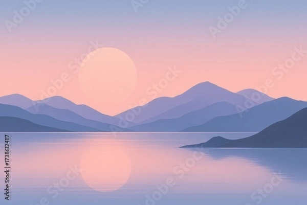 Fototapeta Minimalist pastel landscape with mountains, lake and sunset reflection, serene nature scenery in soft gradient tones, calm and dreamy background. Illustration by Generative AI