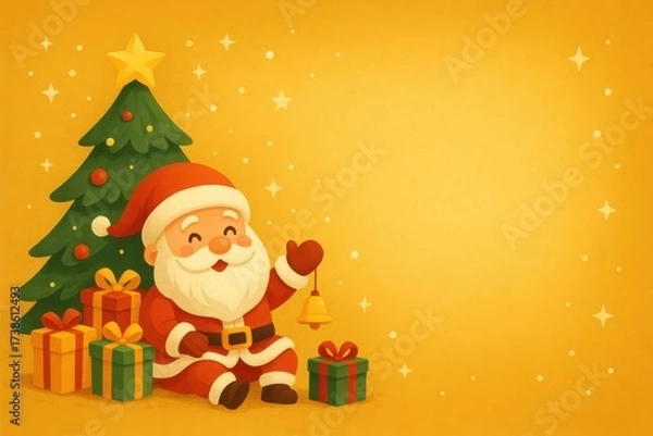 Fototapeta Cartoon Santa Claus sitting by Christmas tree with gifts and bell on golden festive background with copy space, cheerful holiday illustration. Illustration by Generative AI