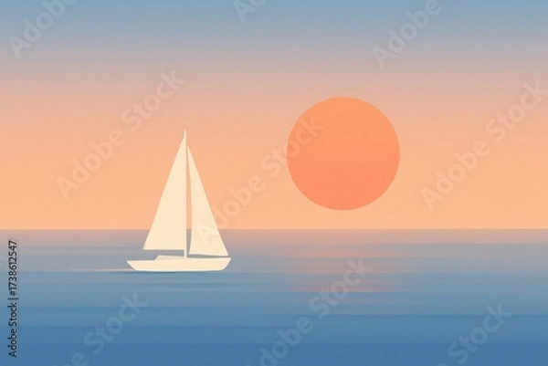 Fototapeta Minimalist pastel seascape with sailing boat on calm ocean at sunset, dreamy serene nature illustration in soft gradient tones. Illustration by Generative AI